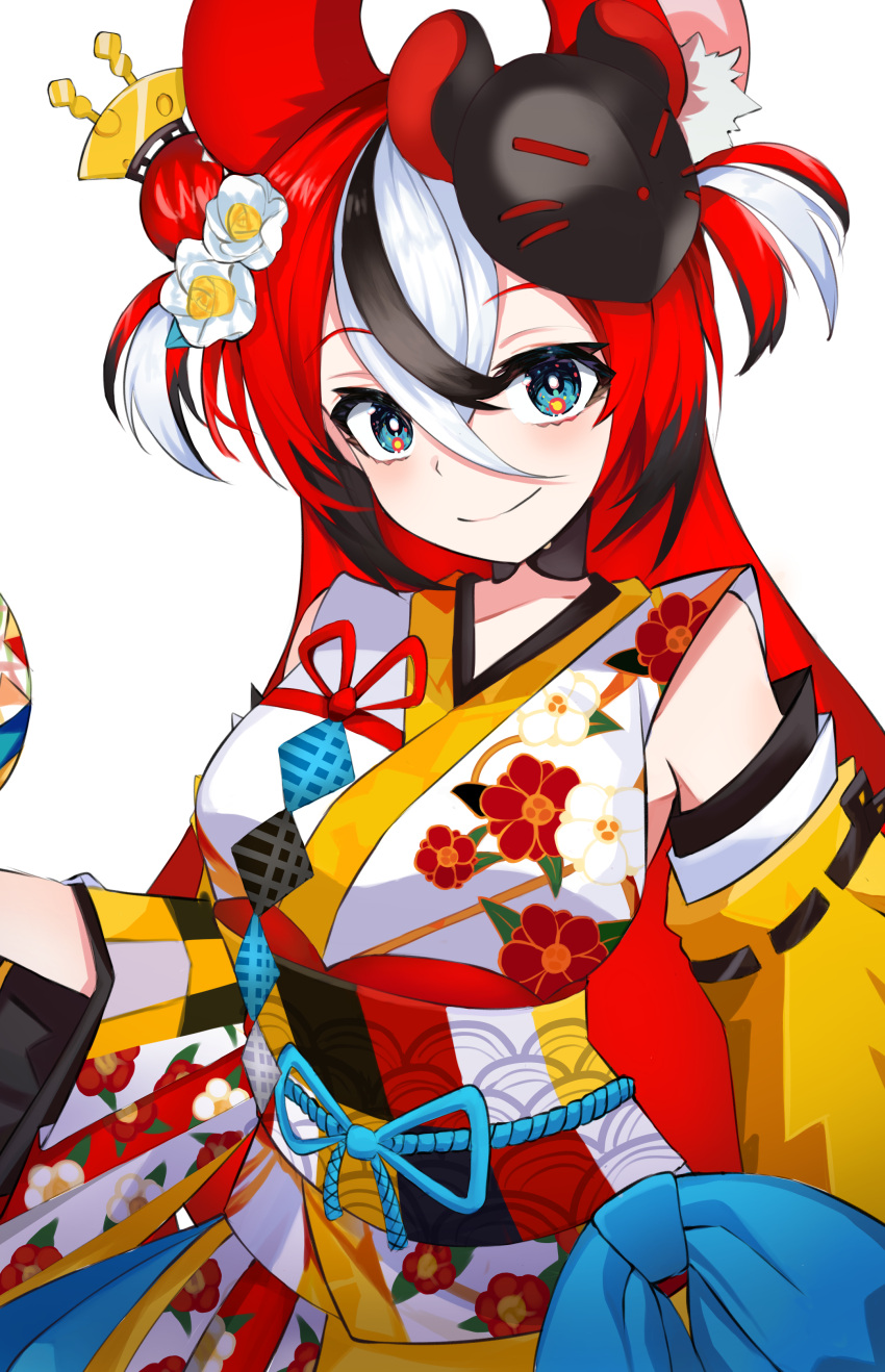 absurdres animal_ears aranya0219 bad_id bad_pixiv_id black_hair blue_eyes bright_pupils choker cowboy_shot detached_sleeves female floral_print flower hair_between_eyes hair_bun hair_flower hair_ornament hakos_baelz hakos_baelz_(new_year) highres hololive hololive_english japanese_clothes kimono long_bangs long_hair looking_at_viewer mask mask_on_head mouse_ears mouse_girl mouse_tail multicolored_hair obi red_hair sash simple_background single_side_bun smile solo streaked_hair tail upturned_eyes v-neck virtual_youtuber white_background white_hair