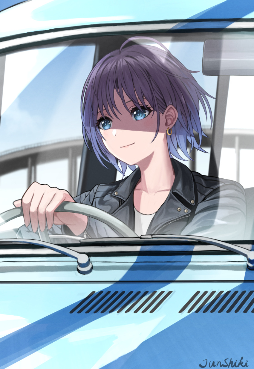 ahoge artist_name asakura_toru black_jacket blue_eyes blue_hair blurry blurry_background car closed_mouth collarbone commentary_request depth_of_field driving earrings female highres idolmaster idolmaster_shiny_colors jacket jewelry junshiki leather leather_jacket long_sleeves medium_hair motor_vehicle shirt short_hair single_earring smile solo steering_wheel upper_body white_shirt window