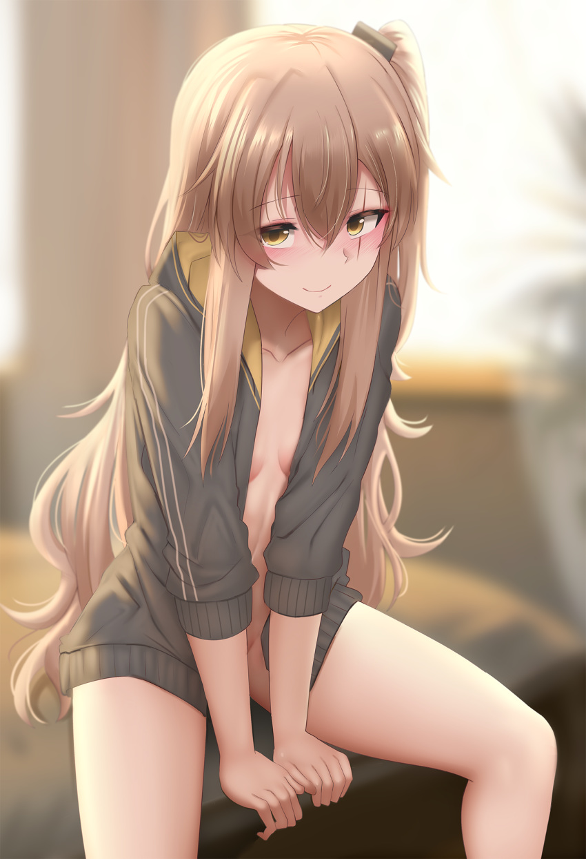 blush bottomless breasts brown_hair closed_mouth collarbone female ginhaha girls'_frontline grey_jacket hair_between_eyes hair_ornament highres hood hooded_jacket jacket long_hair long_sleeves looking_at_viewer naked_jacket one_side_up open_clothes open_jacket scar scar_across_eye scar_on_face sidelocks sitting small_breasts smile solo thighs ump45_(girls'_frontline) yellow_eyes