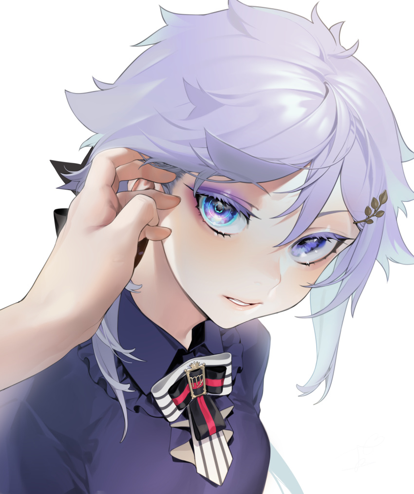 absurdres artificial_eye bad_id bad_pixiv_id black_ribbon blue_eyes collared_shirt colored_eyelashes commentary eyelashes eyeshadow female hair_between_eyes hair_ornament hair_ribbon head_tilt highres lens_eye long_hair looking_at_viewer makeup ohisashiburi original out_of_frame parted_lips pov pov_hands purple_hair purple_hair_girl_(ohisashiburi) purple_shirt ribbon shirt sidelocks simple_background solo_focus symbol-shaped_pupils tsurime upper_body white_background