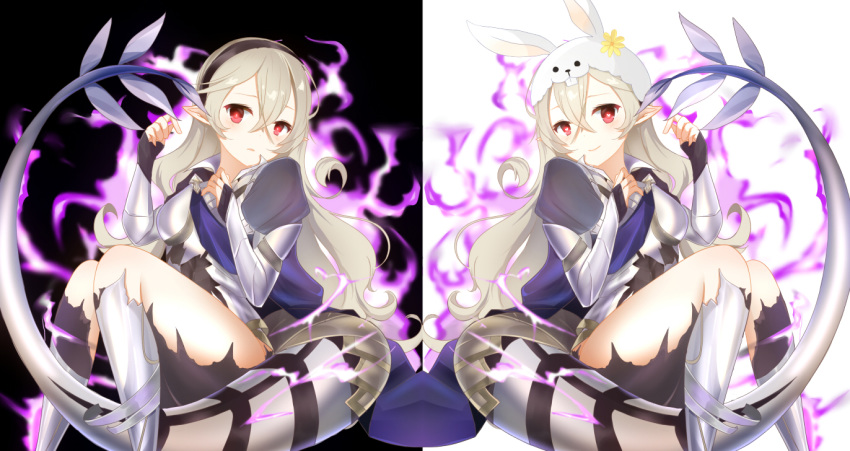 2girls animal_ears armor aura black_background black_hairband black_vs_white closed_mouth commentary_request corrin_(female)_(fire_emblem) corrin_(fire_emblem) dark_aura dragon_tail dual_persona fake_animal_ears fire_emblem fire_emblem_fates fire_emblem_heroes hairband heart heart-shaped_pupils long_hair multiple_girls parted_lips pointy_ears rabbit_ears red_eyes rojiura-cat simple_background sitting smile symbol-shaped_pupils tail torn_clothes white_background white_hair