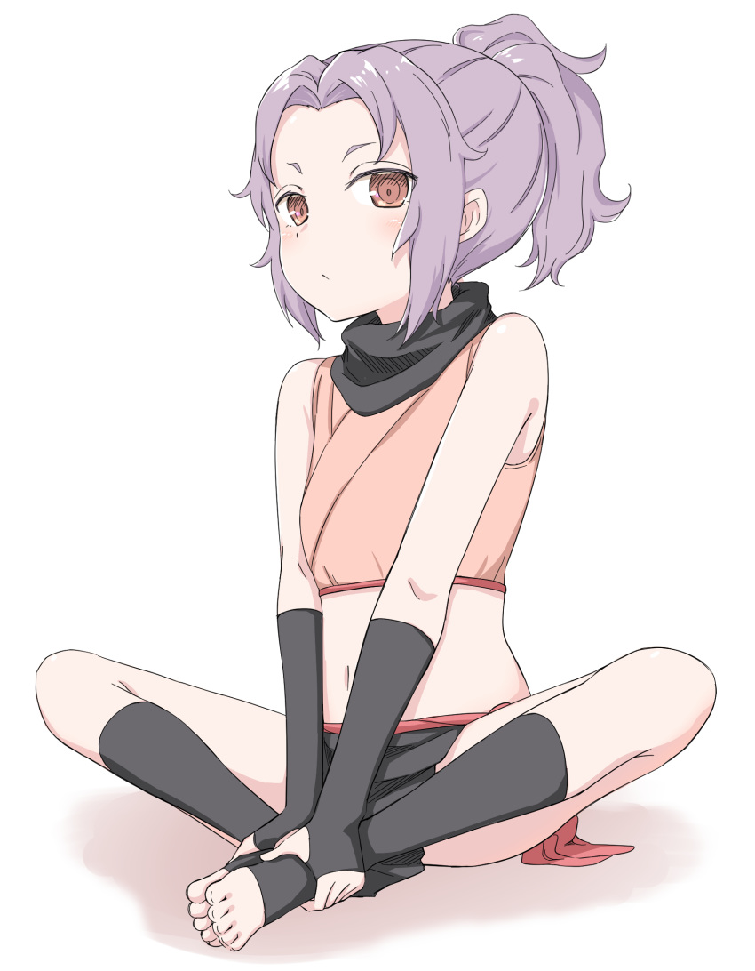 blush butterfly_sitting commentary_request elbow_gloves feet female fingerless_gloves full_body gloves hands_on_feet highres knees_apart_feet_together kunoichi_tsubaki_no_mune_no_uchi midriff navel ninja orinpachu pelvic_curtain purple_hair ringed_eyes sazanka_(kunoichi_tsubaki_no_mune_no_uchi) sidelocks simple_background sitting sleeveless solo toeless_legwear toes white_background