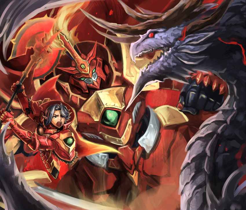 armor axe clenched_hand commentary_request dragon female fennachtur highres holding holding_axe isabella_of_the_red_steel nyaasora pixiv_fantasia pixiv_fantasia_last_saga punching red_armor red_eyes screaming