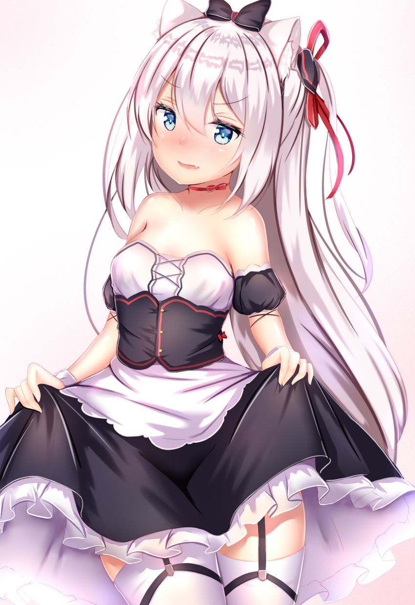 animal_ear_fluff animal_ears azur_lane bare_shoulders black_bow black_dress blue_eyes blush bow breasts cat_ears choker clothes_lift collarbone commentary_request cowboy_shot detached_sleeves dress dress_lift female frown garter_straps gradient_background hair_between_eyes hair_ribbon hairbow hammann_(azur_lane) hammann_(retrofit)_(azur_lane) highres long_hair looking_at_viewer oerba_yun_fang one_side_up parted_lips puffy_short_sleeves puffy_sleeves ribbon ribbon_choker short_sleeves small_breasts solo standing thighhighs v-shaped_eyebrows very_long_hair white_hair white_thighhighs yuano