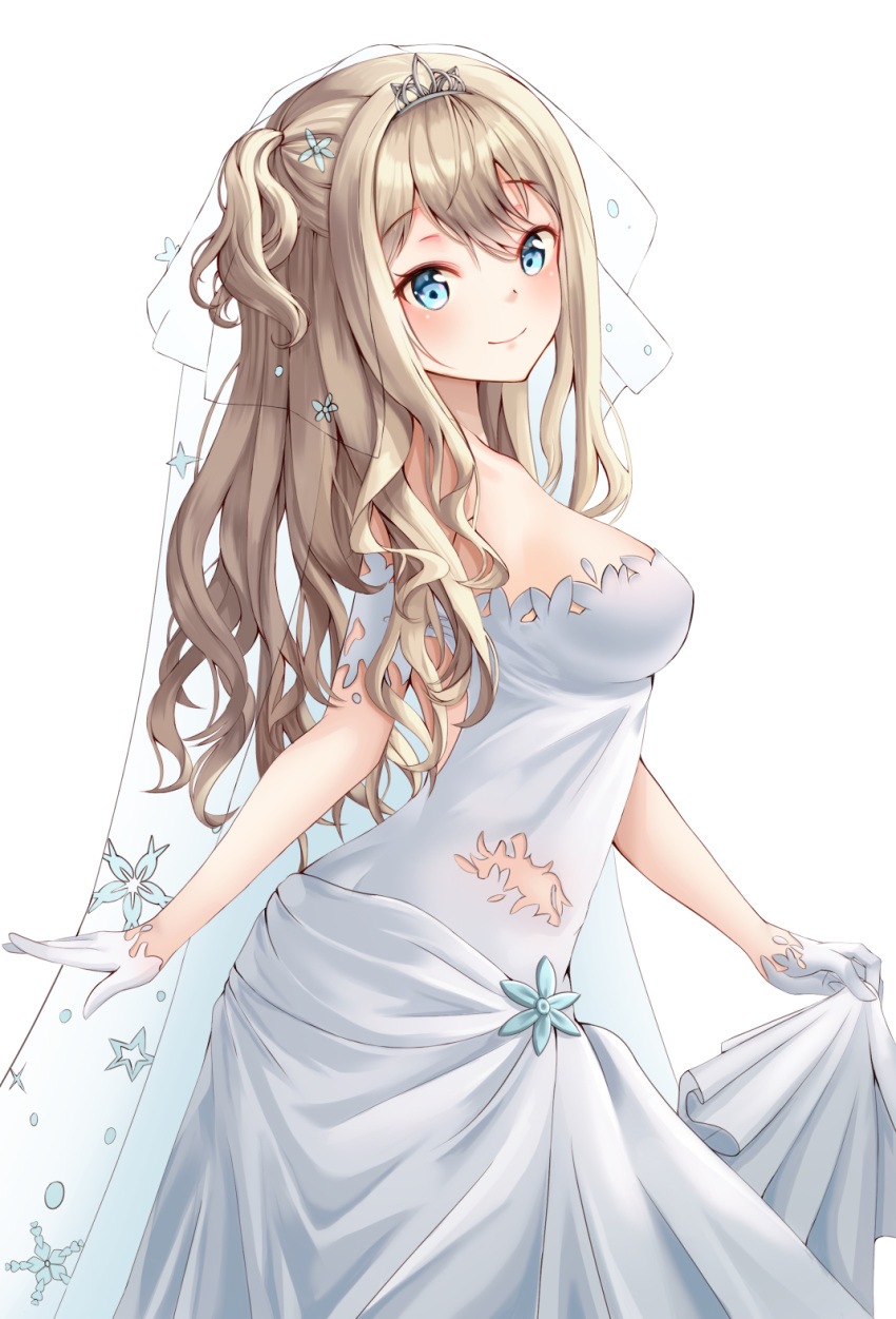 :d bad_id bad_pixiv_id bare_shoulders blonde_hair blue_eyes blush breasts bridal_veil bride closed_mouth commentary_request detached_sleeves dress female flower from_side girls'_frontline gloves hair_flower hair_ornament happy highres holding holding_clothes jewelry looking_at_viewer looking_to_the_side makeup medium_breasts official_alternate_costume one_side_up open_mouth profile ryn_(rinorea) short_sleeves simple_background smile solo standing star_(symbol) star_print strapless strapless_dress suomi_(blissful_mission)_(girls'_frontline) suomi_(girls'_frontline) tiara veil wavy_hair wedding wedding_dress white_background white_dress white_gloves