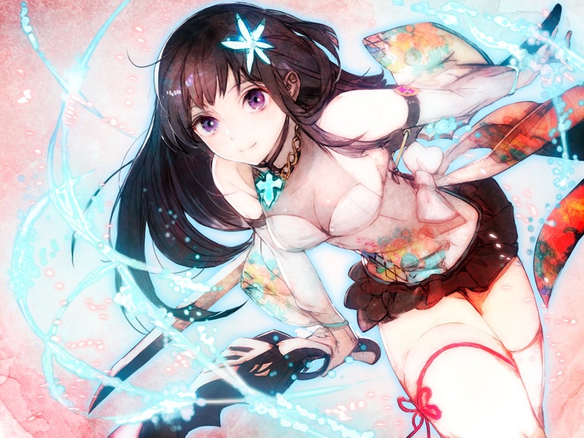 baiju_(witch's_weapon) bare_shoulders black_hair breasts commentary_request detached_sleeves dutch_angle female flower hair_flower hair_ornament jewelry long_hair looking_at_viewer miniskirt necklace purple_eyes skirt solo thighhighs toi8 weapon white_thighhighs wide_sleeves witch's_weapon