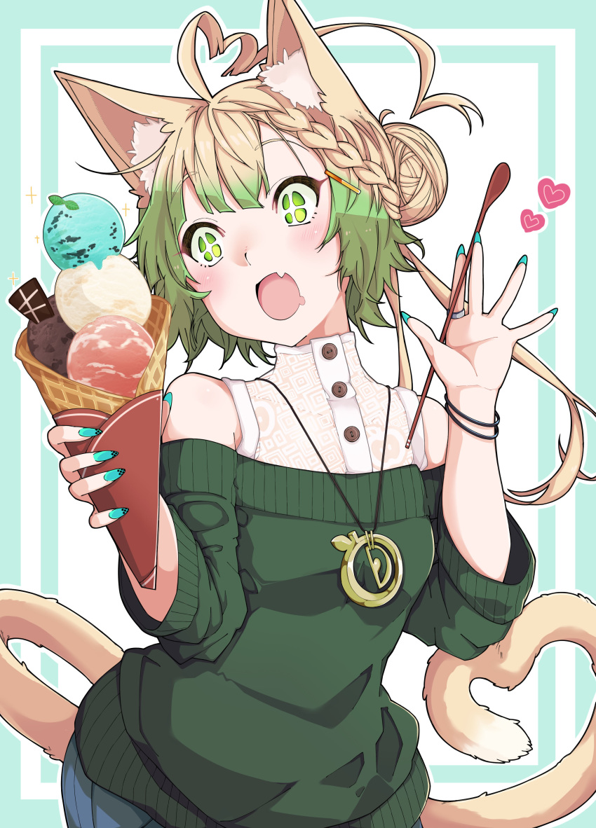 absurdres ahoge animal_ear_fluff animal_ears atalanta_(fate) blue_pants braid cat_ears cat_girl cat_tail commentary_request fate/apocrypha fate_(series) female food gradient_hair green_eyes green_hair green_sweater hair_between_eyes hair_bun head_tilt heart heart_ahoge heart_tail highres holding holding_food holding_spoon ice_cream kirishina_(raindrop-050928) light_brown_hair long_sleeves medallion multicolored_hair oerba_yun_fang off-shoulder_sweater off_shoulder open_mouth pants photoshop_(medium) see-through shirt single_hair_bun sleeveless sleeveless_shirt solo sparkle spoon sweater tail white_shirt wide_sleeves