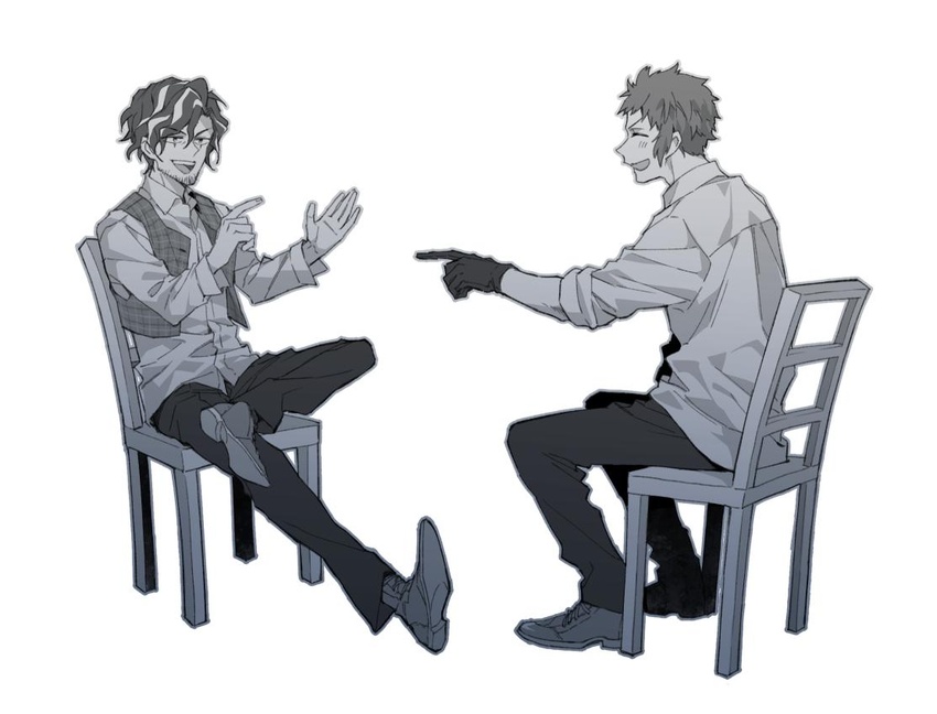 bad_id bad_twitter_id black_pants blush boots chair closed_eyes facial_hair gloves hands_up hoyano_(maimai) laughing leg_up long_sleeves looking_at_another lucas_(yakusoku_no_neverland) monochrome multicolored_hair open_clothes open_mouth pants pointing shirt shoelaces simple_background sitting sleeves_rolled_up stubble talking teeth vest waistcoat white_background yakusoku_no_neverland yuugo_(yakusoku_no_neverland)