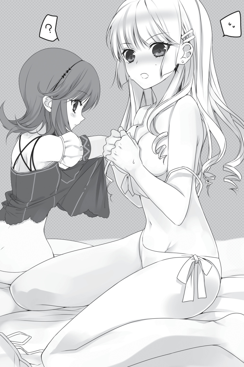 2girls ? aiba_asagi ass bikini collar collarbone earrings eguchi_yume greyscale groin hair_ornament hairband hairclip highres jewelry long_hair manyako_(mohumohu) monochrome multiple_girls navel non-web_source novel_illustration official_art on_bed open_mouth shoulder_blades side-tie_bikini_bottom sitting speech_bubble strike_the_blood sweatdrop swimsuit undressing untied_bikini wariza