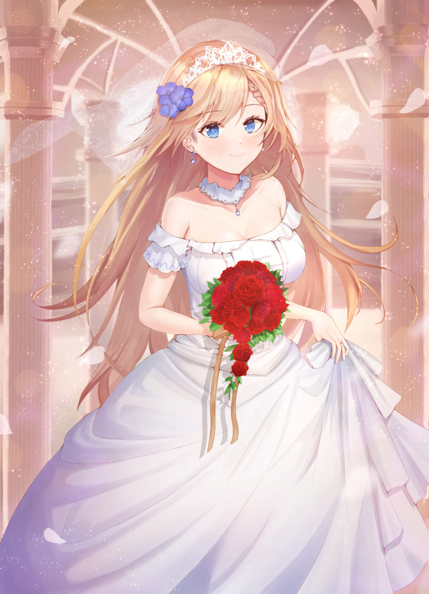 bangs bare_shoulders blonde_hair blue_eyes blush bouquet braid breasts bridal_veil bride choker dress earrings eyebrows_visible_through_hair female flower g36_(girls_frontline) girls_frontline hair_between_eyes hair_ornament highres holding holding_bouquet jewelry light_particles long_hair looking_at_viewer medium_breasts necoring862 off-shoulder_dress off_shoulder red_flower red_rose ring rose sapphire_(gemstone) sidelocks skirt_hold smile solo veil very_long_hair wedding_dress wedding_ring white_dress