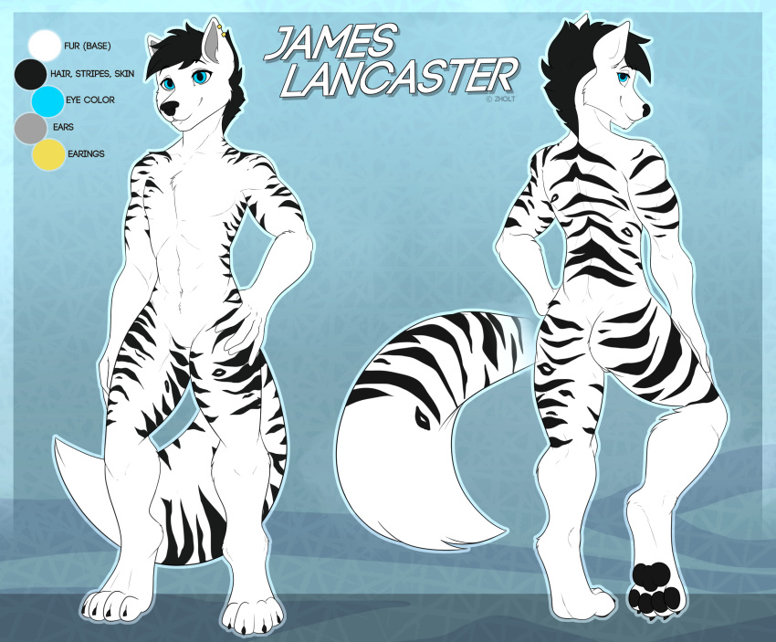 anthro ass black_hair canid canine canis digital_media_(artwork) english_text featureless_crotch felid feline fur hair hi_res hybrid james_lancaster male mammal pantherine skylosminkan solo stripes text tiger white_body white_fur wolf