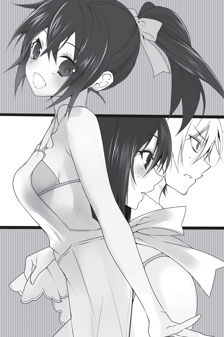 1boy 2girls akatsuki_kojou akatsuki_nagisa apron bikini breasts greyscale grin hair_between_eyes hair_ribbon head_tilt high_ponytail highres himeragi_yukina long_hair manyako_(mohumohu) monochrome multiple_girls nearly_naked_apron non-web_source novel_illustration official_art open_mouth ribbon short_hair small_breasts smile strike_the_blood sweatdrop swimsuit white_ribbon