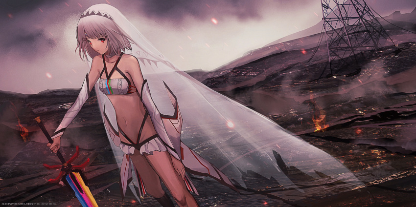 altera_(fate) bad_id bad_pixiv_id bare_shoulders blunt_bangs choker cloud cloudy_sky dark-skinned_female dark_skin detached_sleeves dr_woodpecker dutch_angle fate/grand_order fate_(series) female fire flat_chest grey_hair highres holding holding_sword holding_weapon looking_away navel red_eyes short_hair sky solo sparks standing sword torn_clothes veil wasteland weapon