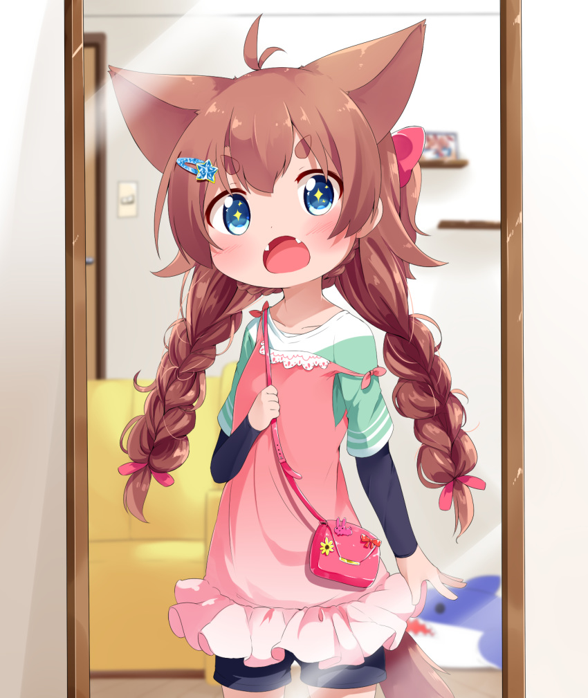 :o ahoge animal_ears bag blue_eyes blush braid brown_hair commentary cowboy_shot dress fangs female hair_ornament hairclip highres holding_strap indoors layered_sleeves long_hair long_sleeves looking_at_viewer makuran mirror momiji_(makuran) open_mouth original pink_dress reflection short_over_long_sleeves short_sleeves shorts shoulder_bag solo sparkling_eyes strap_slip tail thick_eyebrows twin_braids