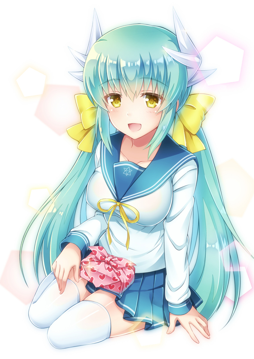 alternate_costume alternate_hairstyle aqua_hair blue_sailor_collar blue_skirt bow breasts commentary_request dragon_girl dragon_horns fate/grand_order fate_(series) female hairbow highres horns kiyohime_(fate) large_breasts long_hair long_sleeves neck_ribbon pleated_skirt ribbon sailor_collar school_uniform serafuku shirt skirt solo suzumia_(daydream) thighhighs twintails white_shirt white_thighhighs yellow_bow yellow_eyes yellow_ribbon