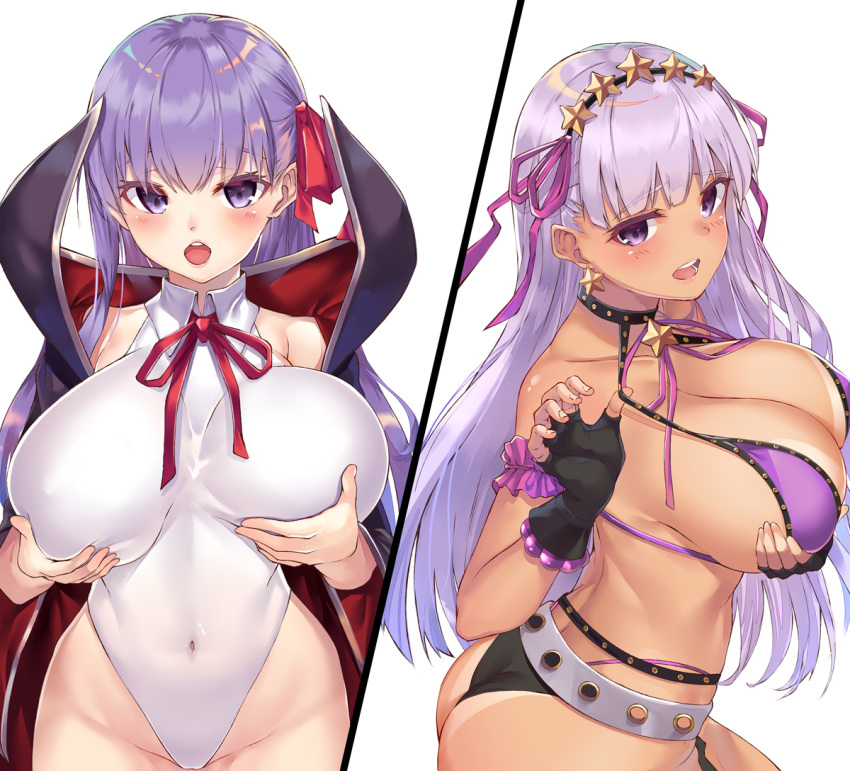 2girls ass bb_(fate)_(all) bb_(fate/extra_ccc) bb_(swimsuit_mooncancer)_(fate) bikini_top black_gloves blush breasts cape collarbone covered_navel earrings eyebrows_visible_through_hair fate/grand_order fate_(series) fingerless_gloves gloves grabbing_own_breast hair_ribbon huge_breasts jewelry leotard long_hair looking_at_viewer multiple_girls open_mouth purple_bikini_top purple_eyes purple_hair purple_ribbon red_ribbon ribbon simple_background star star_earrings suigetsu_(hjs1106) tan tanline teeth white_background white_leotard