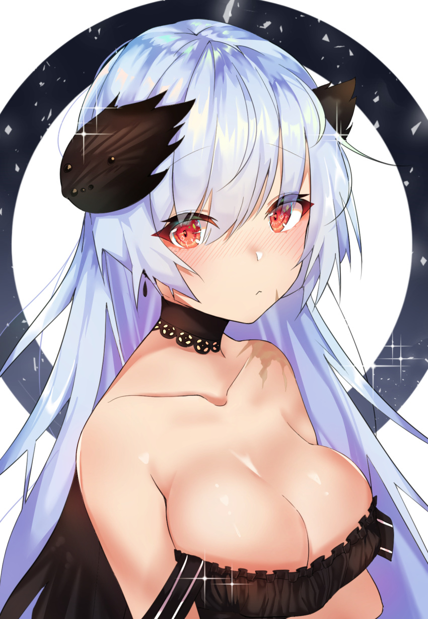 alternate_costume bare_shoulders black_dress blush breasts choker cleavage collarbone commentary dress female girls'_frontline hair_between_eyes highres long_hair looking_at_viewer medium_breasts meow_nyang off_shoulder official_alternate_costume red_eyes scar scar_on_cheek scar_on_face shiny_skin sidelocks solo sparkle strap_slip thunder_(black_swan's_dream)_(girls'_frontline) thunder_(girls'_frontline)