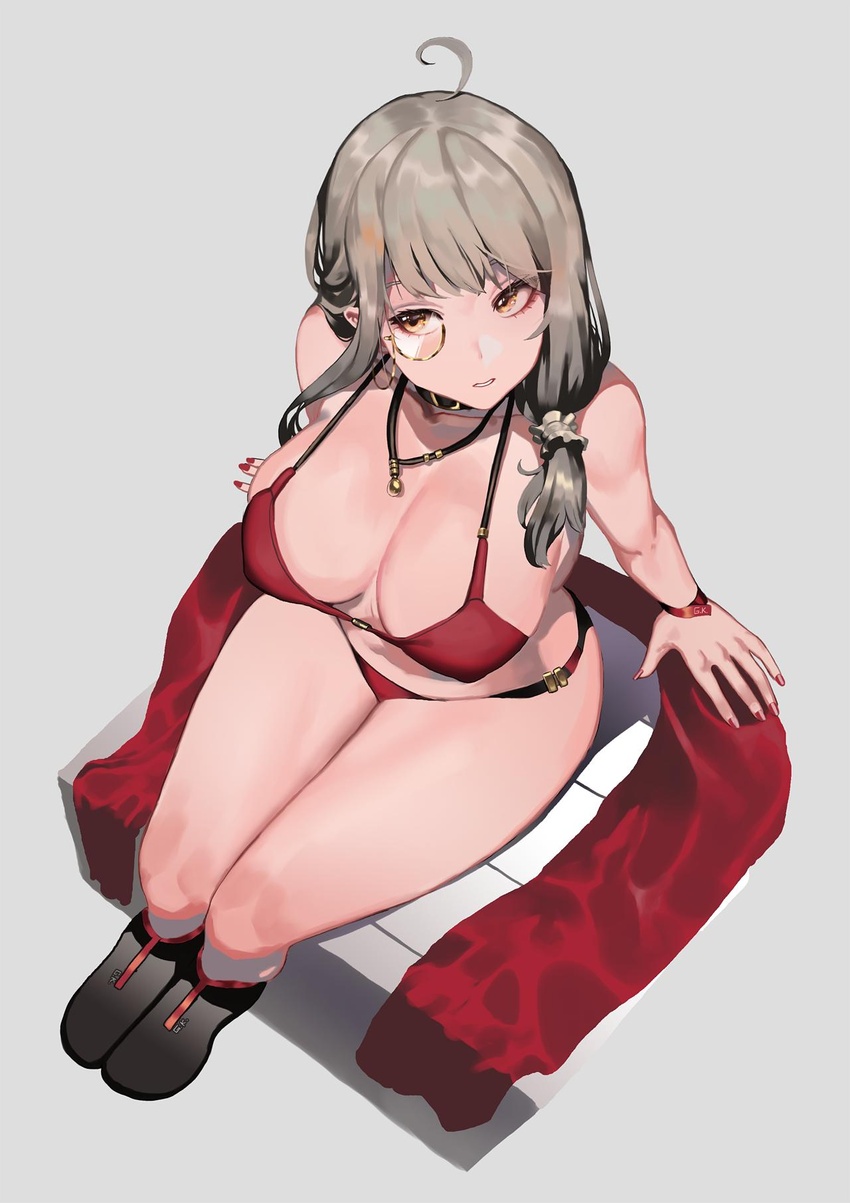 ahoge bad_id bad_twitter_id bikini black_footwear blush boots breasts brown_eyes cleavage commentary_request female from_above girls'_frontline grey_background grey_hair hair_between_eyes hair_ornament helianthus_(girls'_frontline) highres ihobus korean_commentary large_breasts long_hair looking_at_viewer monocle nail_polish red_bikini red_nails simple_background sitting solo swimsuit thick_thighs thighs wristband