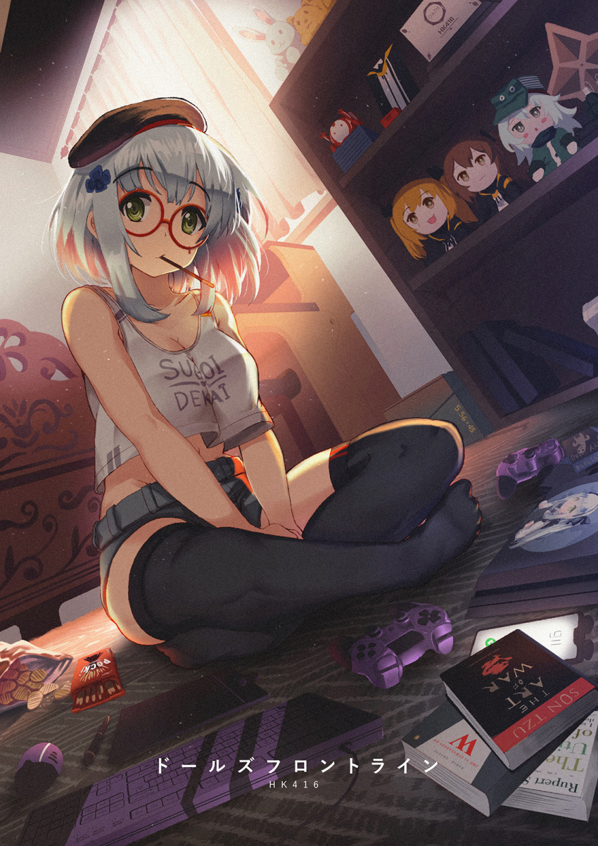 alternate_hair_length alternate_hairstyle bed belt beret between_legs black_thighhighs blunt_bangs blush breasts casual cellphone character_doll character_name chips_(food) cleavage clothes_writing collarbone commentary computer_keyboard crop_top curtains desk facial_mark female food g11_(girls'_frontline) game_console girls'_frontline glasses goliath_(girls'_frontline) green_eyes hair_ornament hand_between_legs hat highres hk416_(girls'_frontline) indoors looking_at_viewer medium_breasts midriff mouth_hold no_shoes on_floor persocon93 phone photoshop_(medium) playstation_4 playstation_controller pocky red-framed_eyewear round_eyewear short_hair short_shorts shorts sleeveless smartphone solo teardrop thighhighs translated ump45_(girls'_frontline) ump9_(girls'_frontline) white_hair wind window