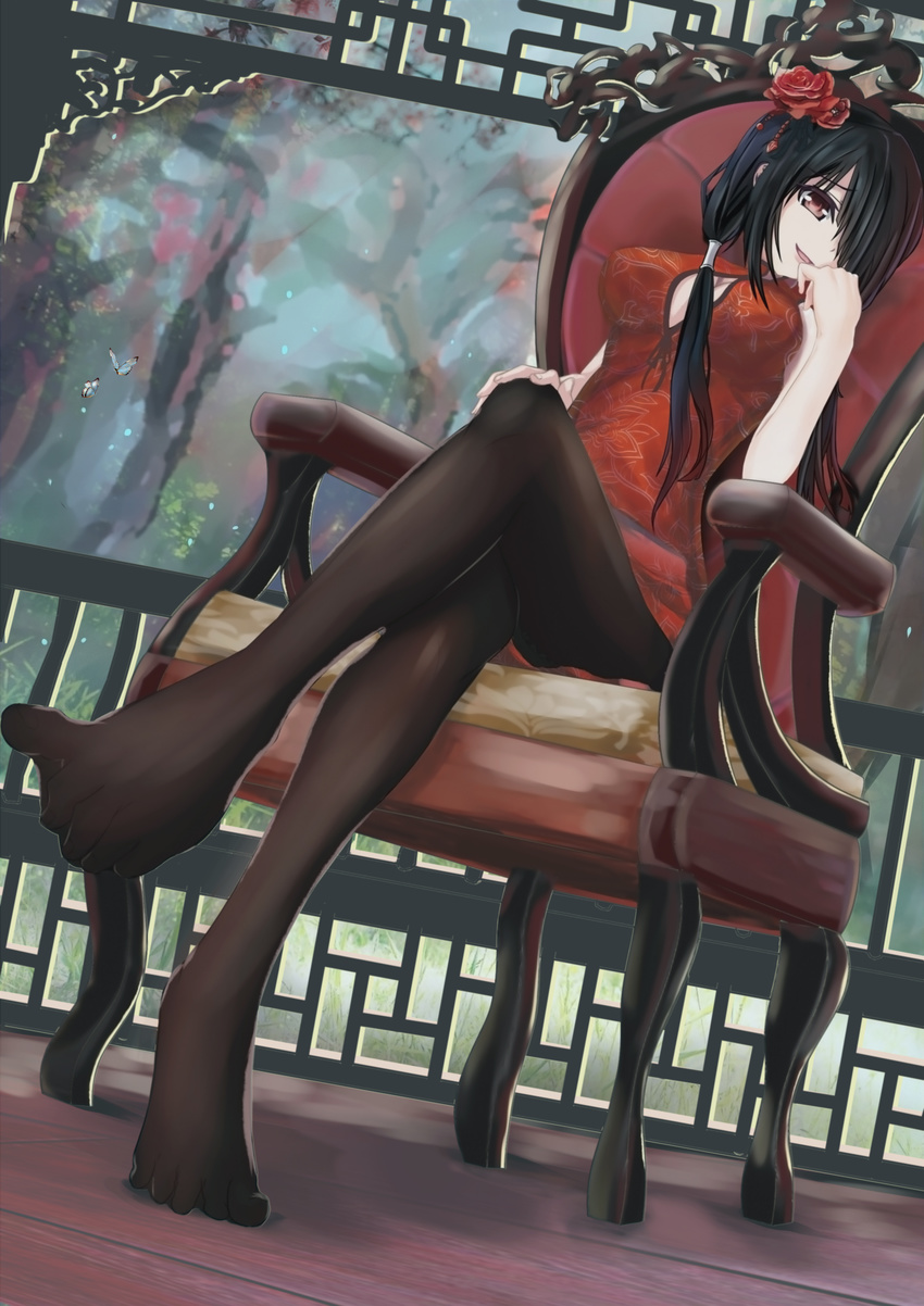 :d absurdres black_hair black_pantyhose breasts brown_eyes china_dress chinese_clothes chinese_commentary cleavage cleavage_cutout clothing_cutout commentary crossed_legs dalan date_a_live dress dutch_angle female flower from_below hair_flower hair_ornament hair_over_one_eye hand_on_own_knee highres long_hair looking_at_viewer medium_breasts no_shoes open_mouth pantyhose photoshop_(medium) red_dress red_flower short_dress sitting sleeveless sleeveless_dress smile solo tokisaki_kurumi