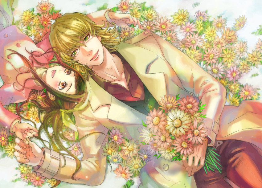 1boy barnaby_brooks_jr. blonde_hair braid braided_bangs brown_eyes brown_hair commentary_request emi_(penguin908) female field flower flower_field formal glasses green_eyes kaburagi_kaede lying ponytail suit tiger_&_bunny