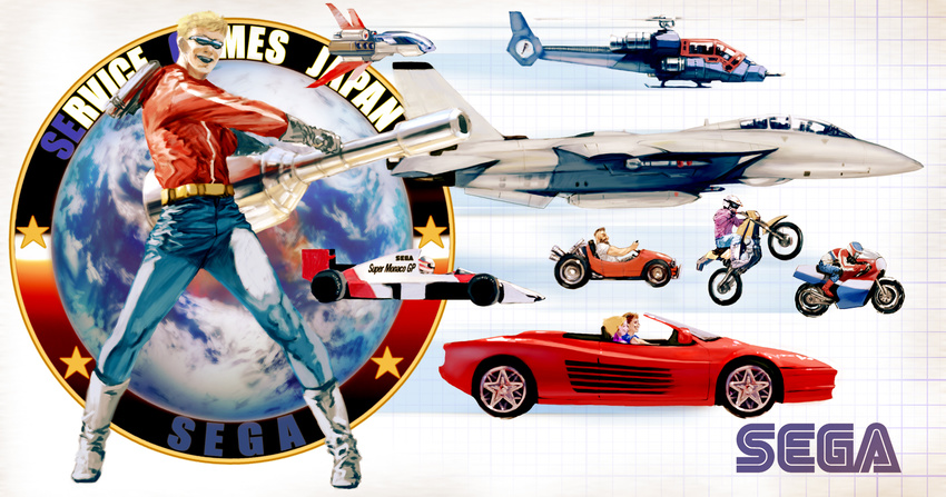 1980s_(style) 6+boys after_burner_(video_game) aircraft airplane belt blonde_hair boots brown_hair cannon car commentary_request company_name convertible dirtbike earth_(planet) enduro_racer energy_gun f-14_tomcat female ferrari ferrari_testarossa fighter_jet flying formula_one formula_racer galaxy_force game_console glasses gloves go-kart grid hang-on harrier_(character) helicopter highres jet jetpack knee_boots logo md5_mismatch military military_vehicle missile mohawk motor_vehicle motorcycle multiple_boys oggy_(oggyoggy) out_run planet power_drift race_vehicle racecar racing realistic resolution_mismatch retro_artstyle riding science_fiction sega sega_master_system sega_mega_drive short_hair source_larger space_harrier spacecraft sports_car starfighter sunglasses super_monaco_gp thunder_blade try-z uniform vehicle_focus weapon