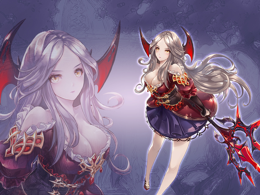 bad_link bare_legs bare_shoulders breasts cleavage colored_skin corset female forehead frilled_sleeves frills glowing glowing_eyes grey_hair hair_ornament holding holding_polearm holding_weapon king's_raid large_breasts lewisia_(king's_raid) long_hair looking_at_viewer official_art ornate_clothes pale_skin polearm serious solo spear vampire weapon white_skin yellow_eyes zoom_layer