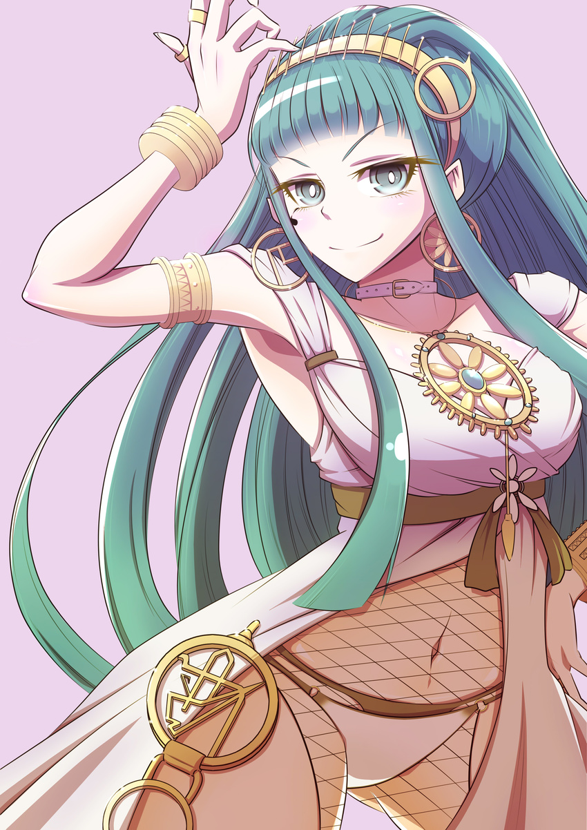 >:) absurdres aqua_eyes aqua_hair arm_up armlet armpits ass_visible_through_thighs belt belt_buckle blunt_bangs blush bracelet breasts bright_pupils buckle choker cleavage cleopatra_(fate) cleopatra_(third_ascension)_(fate) closed_mouth collarbone commentary_request cowboy_shot dress earrings egyptian egyptian_clothes eyebrows eyelashes eyeliner eyes_visible_through_hair fate/grand_order fate_(series) female fingernails fishnet_pantyhose fishnets flower gensui_(auoua) gradient_background hairband hand_on_own_hip highres hoop_earrings jewelry large_breasts legs_apart long_fingernails long_hair looking_at_viewer makeup navel necklace nose o-ring o-ring_bottom o-ring_panties panties pantyhose purple_background ring ringed_eyes shiny_skin sidelocks smile solo sparkle stomach straight_hair thumb_ring tsurime underwear v-shaped_eyebrows very_long_hair white_belt white_choker white_dress white_panties white_pupils yellow_hairband