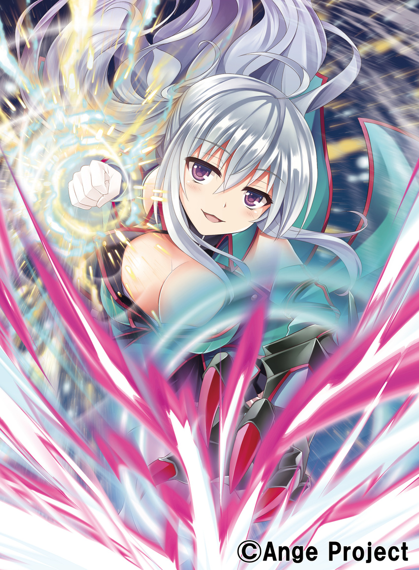 :3 :d absurdres ange_vierge bare_shoulders breasts claws clenched_hand commentary_request elbow_gloves energy female gauntlets gloves highres kurowana large_breasts looking_at_viewer nya_lapucea official_art open_mouth punching single_gauntlet smile solo