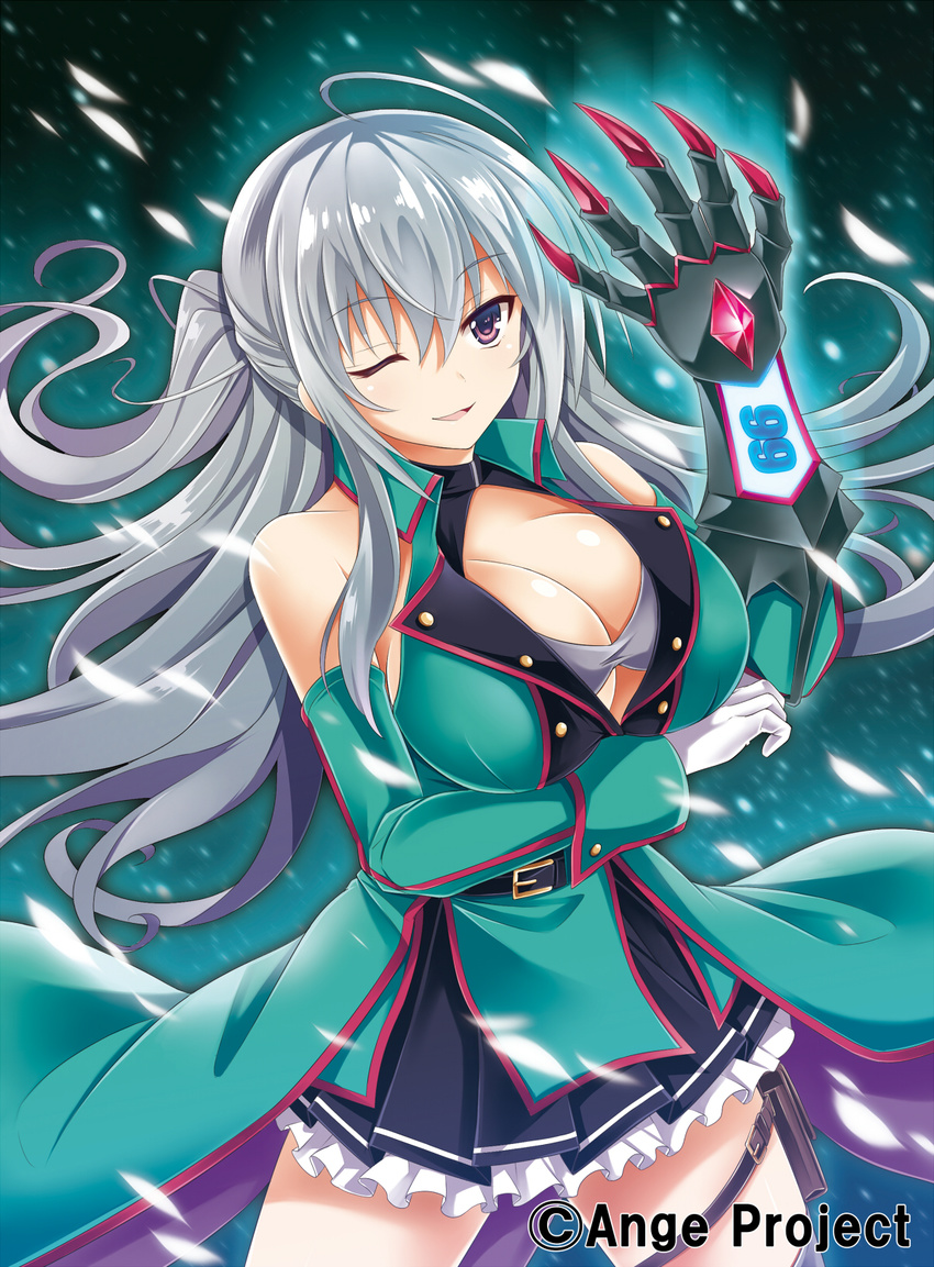 :3 :d ahoge ange_vierge breast_hold breasts cleavage commentary_request detached_sleeves female gauntlets gloves grey_hair hair_between_eyes highres kurowana large_breasts long_hair nya_lapucea official_art one_eye_closed open_mouth single_gauntlet single_glove smile solo thigh_strap very_long_hair white_gloves