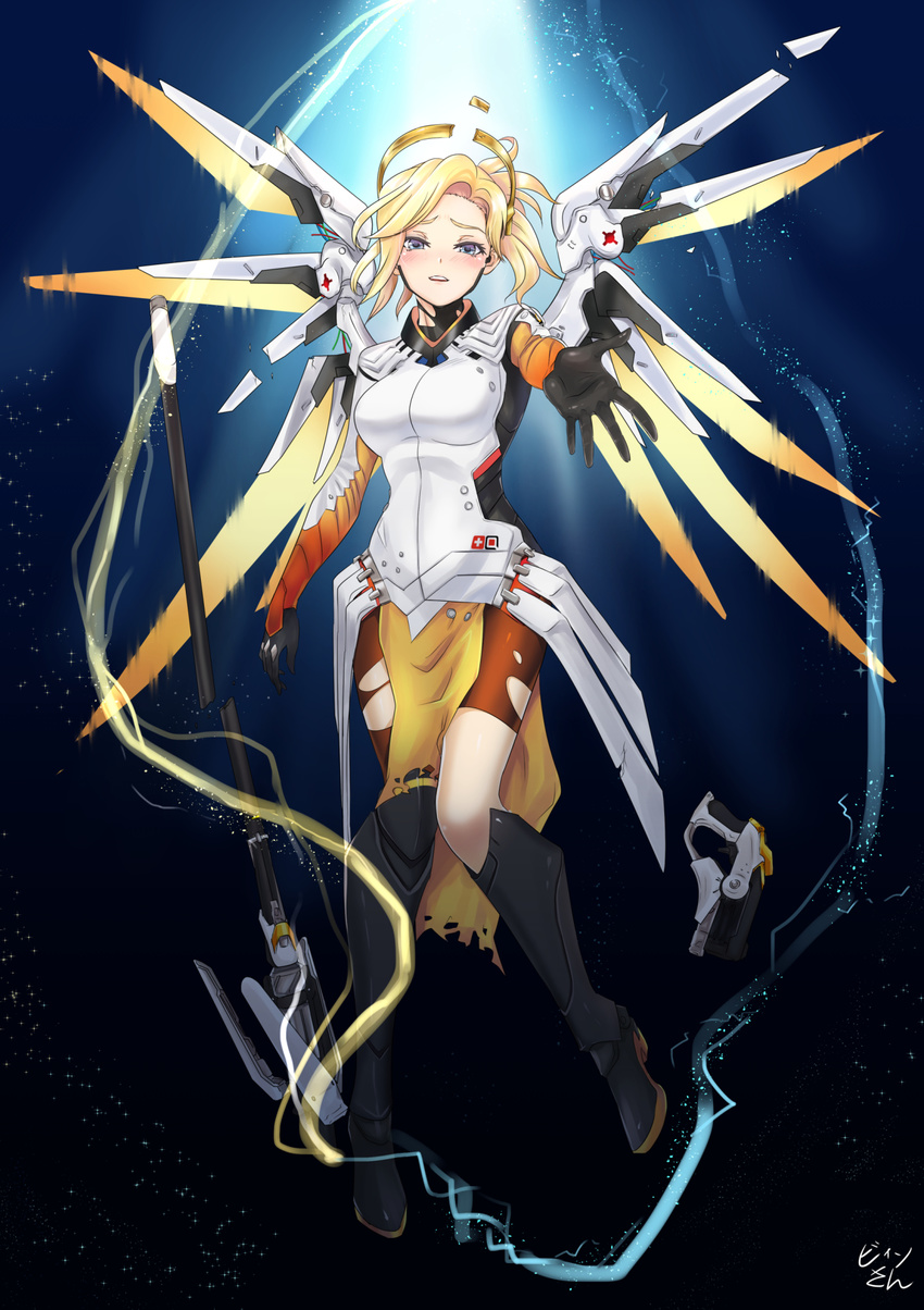 armor bingsang black_background blonde_hair blue_background blue_eyes bodysuit breasts broken broken_staff brown_pantyhose commentary energy faulds female full_body gradient_background gun halo handgun high_ponytail highres light_particles light_rays looking_at_viewer mechanical_halo mechanical_wings medium_breasts mercy_(overwatch) open_mouth outstretched_hand overwatch overwatch_1 pantyhose pelvic_curtain reaching reaching_towards_viewer solo spread_wings staff submerged torn_clothes torn_pantyhose underwater weapon wings yellow_wings