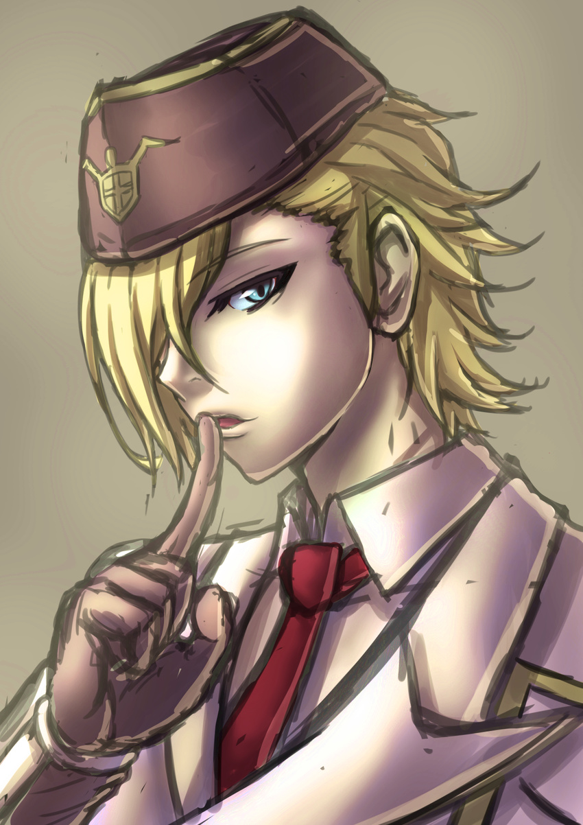 bad_id bad_pixiv_id blonde_hair blue_eyes female finger_to_mouth garrison_cap gloves hair_over_one_eye hat highres ixion_saga ixion_saga_dt kt_(ixion_saga) looking_at_viewer military military_uniform necktie reverse_trap shushing solo uniform vanzan