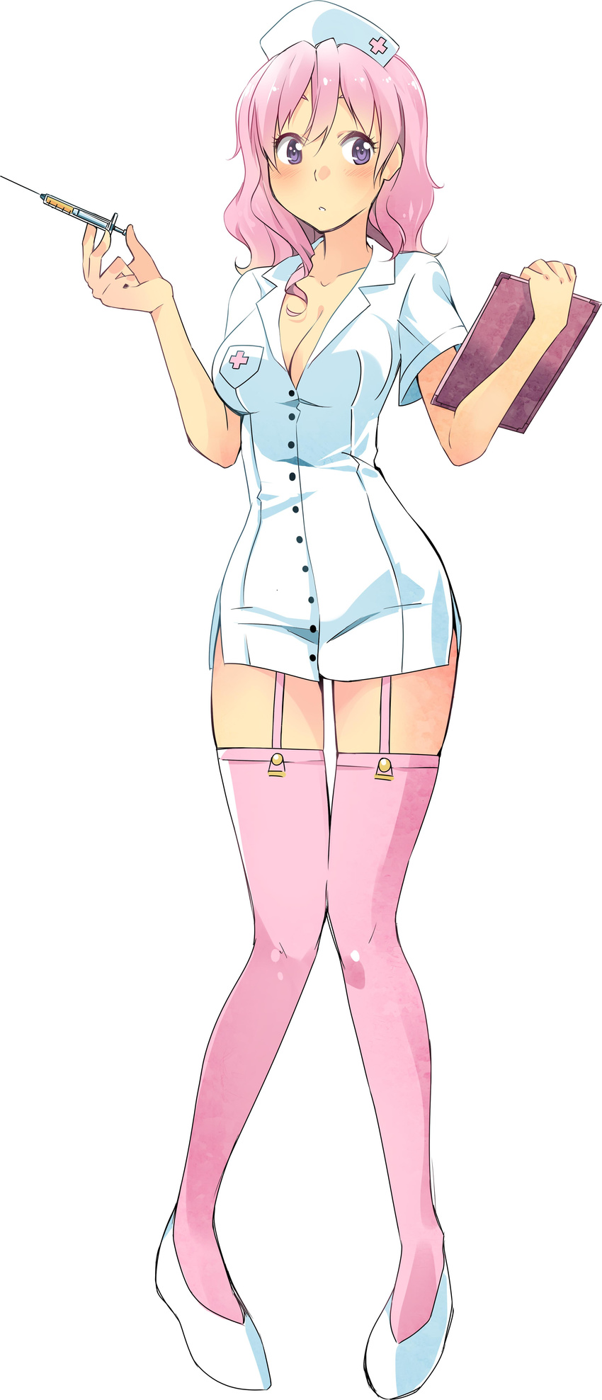 absurdres breasts female full_body hat highres joakim_waller large_breasts muja_kina nurse nurse_cap official_art open_clothes pink_hair purple_eyes simple_background solo syringe white_background yandere_simulator