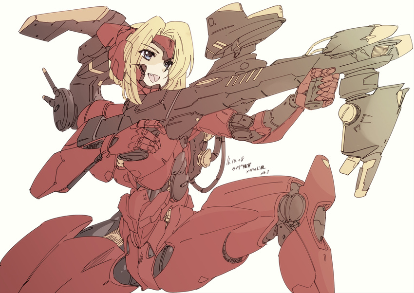 aiming armor blonde_hair blue_eyes commentary_request damaged eyes_visible_through_hair female gun holding holding_weapon koube_masahiko long_hair mecha_musume mechanical_parts open_mouth original parted_bangs partial_commentary photoshop_(medium) simple_background solo weapon white_background