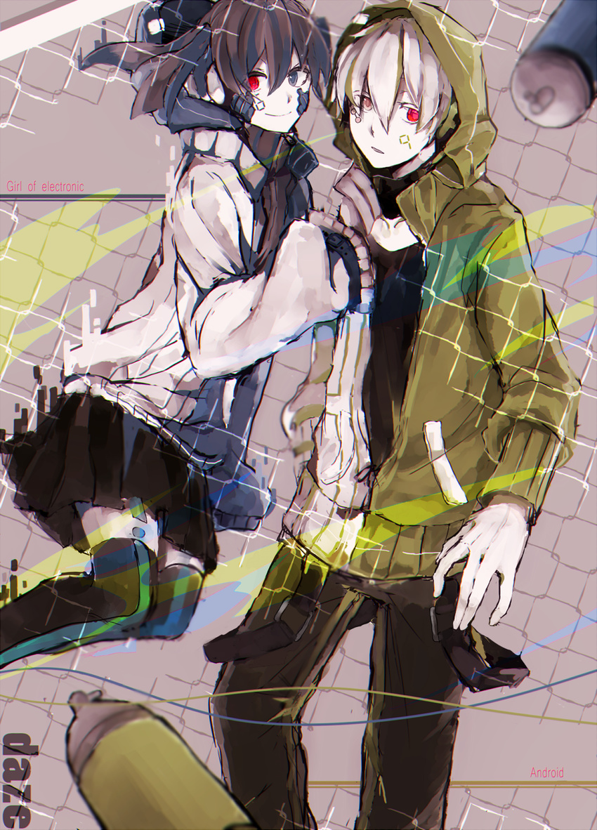 1boy bad_id bad_pixiv_id black_hair blue_eyes blue_hair daze_(kagerou_project) ene_(kagerou_project) female headphones heterochromia highres hood hoodie kagerou_project konoha_(kagerou_project) long_hair multicolored_hair paint_splatter red_eyes shiyunoa spray_paint twintails