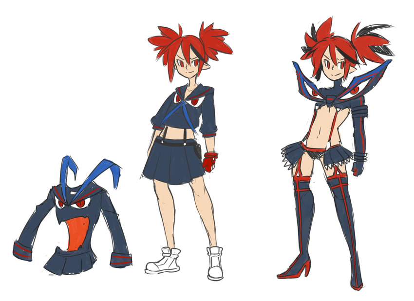 banned_artist boots cosplay disgaea etna flat_chest fusion gloves kamui_(kill_la_kill) kill_la_kill laharl living_clothes matoi_ryuuko matoi_ryuuko_(cosplay) microskirt objectification pleated_skirt red_eyes red_hair school_uniform senketsu serafuku shoes shogu_(shoguchime) single_glove skirt sneakers thigh_boots thighhighs