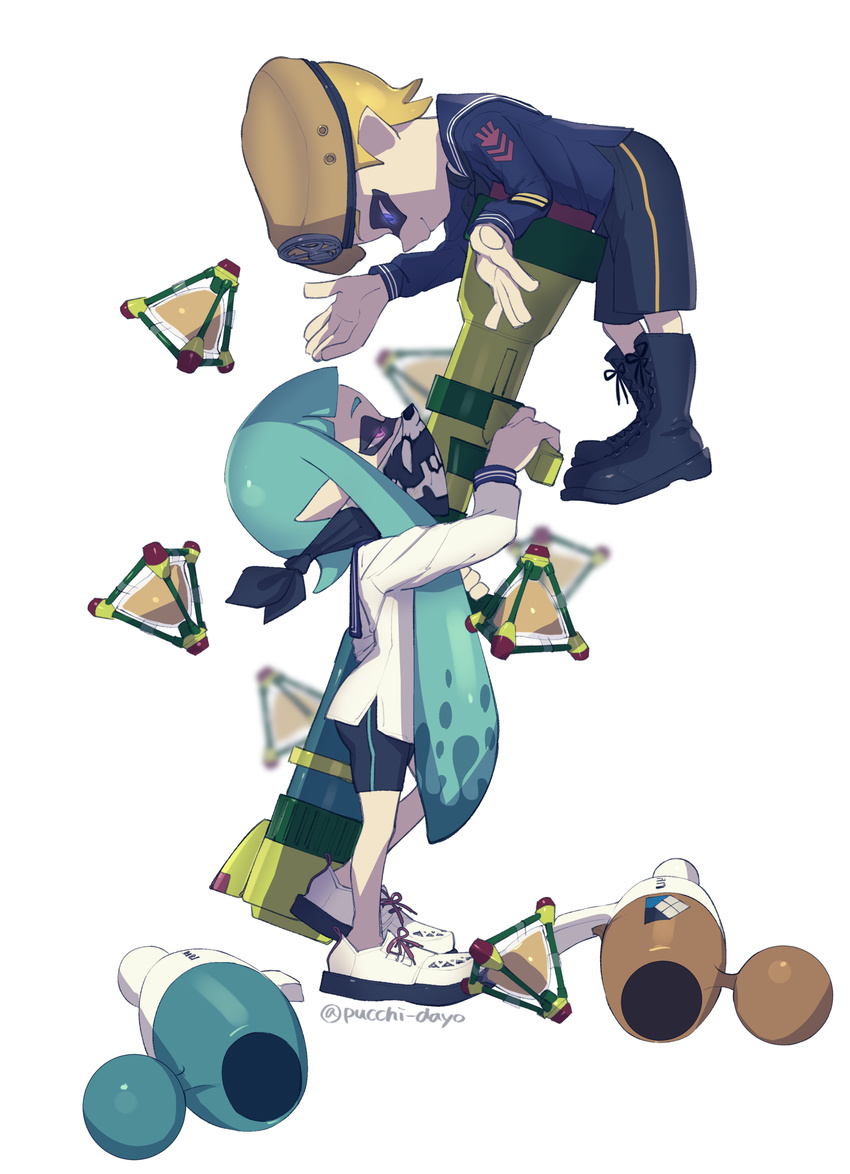 1boy absurdres aqua_hair bandana bandana_over_mouth bike_shorts black_footwear black_shorts blue_eyes blue_shirt blunt_bangs bomb_rush_(splatoon) boots commentary_request cross-laced_footwear female half-closed_eyes highres inkling inkling_boy inkling_girl inkling_player_character inkzooka_(splatoon) long_hair long_sleeves looking_at_another luna_blaster_(splatoon) neckerchief pointy_ears puchiman purple_eyes sailor_collar shirt shoes short_hair shorts single_vertical_stripe smirk splat_bomb_(splatoon) splatoon_(series) splatoon_1 standing tentacle_hair twitter_username white_background white_footwear white_shirt