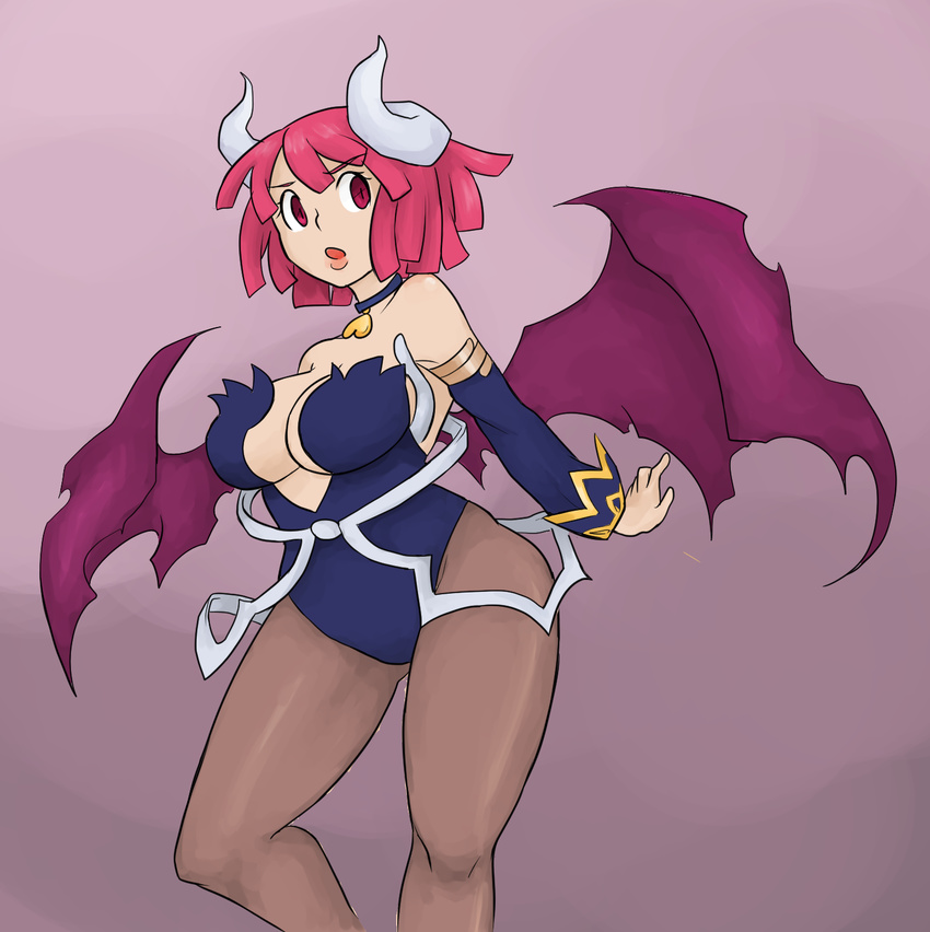 banned_artist bare_shoulders breasts choker demon_girl demon_horns demon_wings detached_sleeves highres horns la_pucelle large_breasts leotard maou_prier pantyhose pink_hair prier red_eyes shogu_(shoguchime) short_hair sideboob solo wings