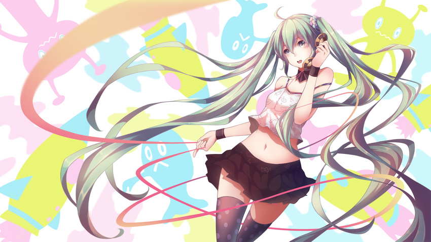 green_eyes green_hair hatsune_miku long_hair navel ng_(chaoschyan) phone skirt thighhighs twintails vocaloid wristwear