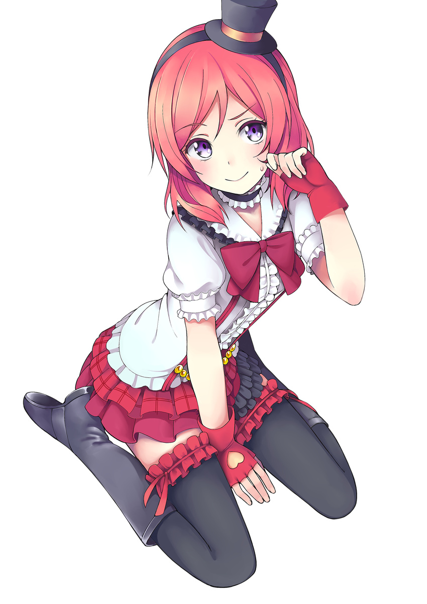 bad_id bad_pixiv_id black_thighhighs blush bokura_wa_ima_no_naka_de boots bow choker female fingerless_gloves frilled_skirt frills full_body gloves half-skirt hat highres love_live! love_live!_school_idol_project nishikino_maki nnyu purple_eyes red_gloves red_hair short_hair simple_background sitting skirt smile solo thighhighs wariza white_background