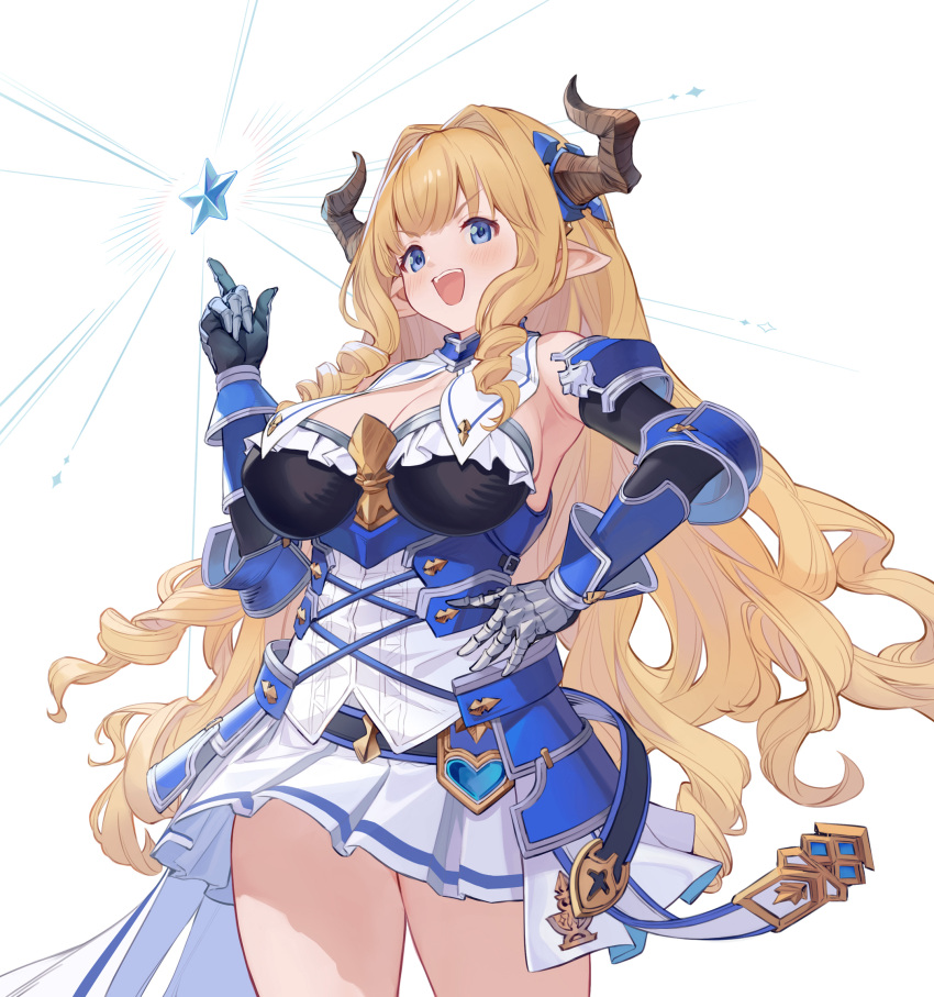 armpits blonde_hair blue_eyes breasts commentary_request cowboy_shot draph female gauntlets granblue_fantasy hair_intakes hand_on_own_hip hand_up highres horns large_breasts long_hair looking_ahead open_mouth pointing pointing_up pointy_ears razia solo standing star_(symbol) teeth u_jie upper_teeth_only