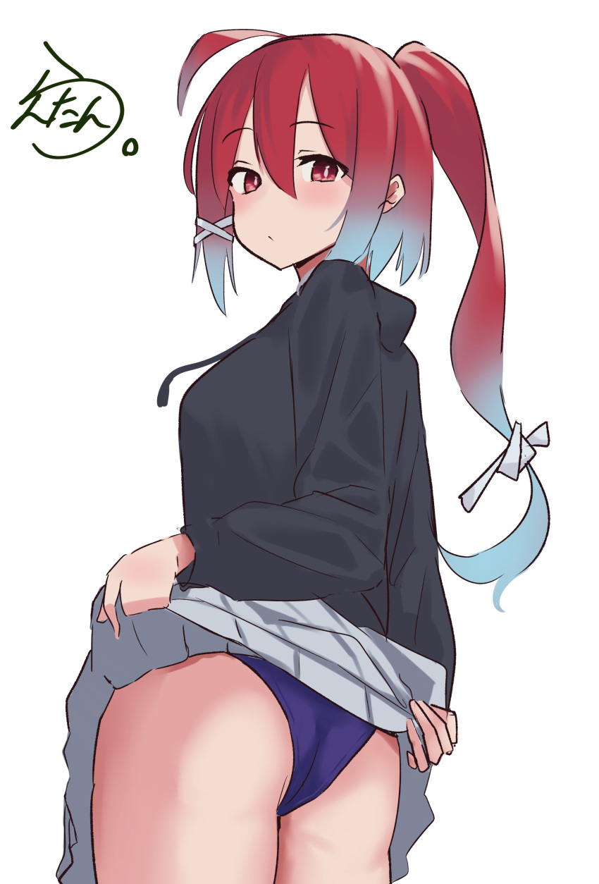 absurdres artist_logo ass blue_one-piece_swimsuit clothes_lift female from_behind gradient_hair hair_ribbon highres i-168_(kancolle) kantai_collection lanthan long_hair looking_at_viewer multicolored_hair one-hour_drawing_challenge one-piece_swimsuit pink_hair ponytail red_eyes red_hair ribbon school_uniform signature simple_background skirt skirt_lift solo swimsuit swimsuit_under_clothes white_background white_skirt