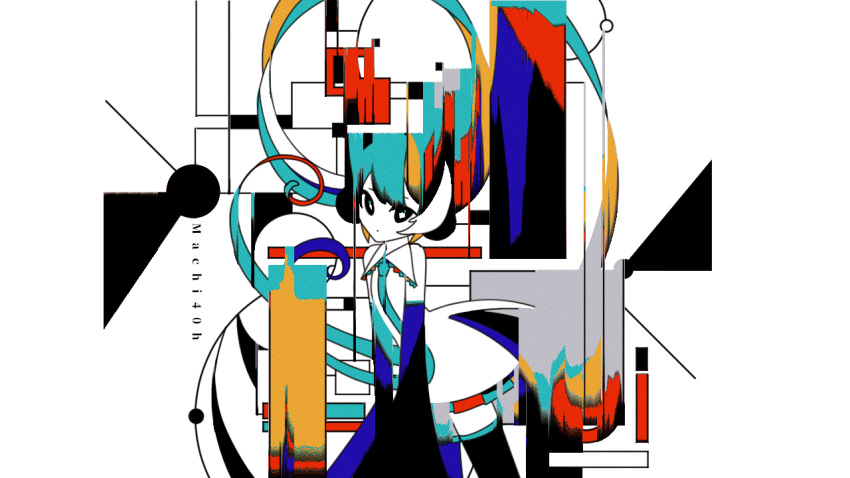 abstract aqua_hair aqua_necktie artist_name bare_shoulders black_skirt black_sleeves black_thighhighs circle collared_shirt colored_skin cowboy_shot detached_sleeves distortion female floating_hair hatsune_miku long_hair long_sleeves looking_at_viewer machigami_yoh miniskirt necktie rectangle shapes shirt skirt sleeveless sleeveless_shirt solo standing thighhighs triangle very_long_hair vocaloid white_background white_shirt white_skin wide_sleeves zettai_ryouiki