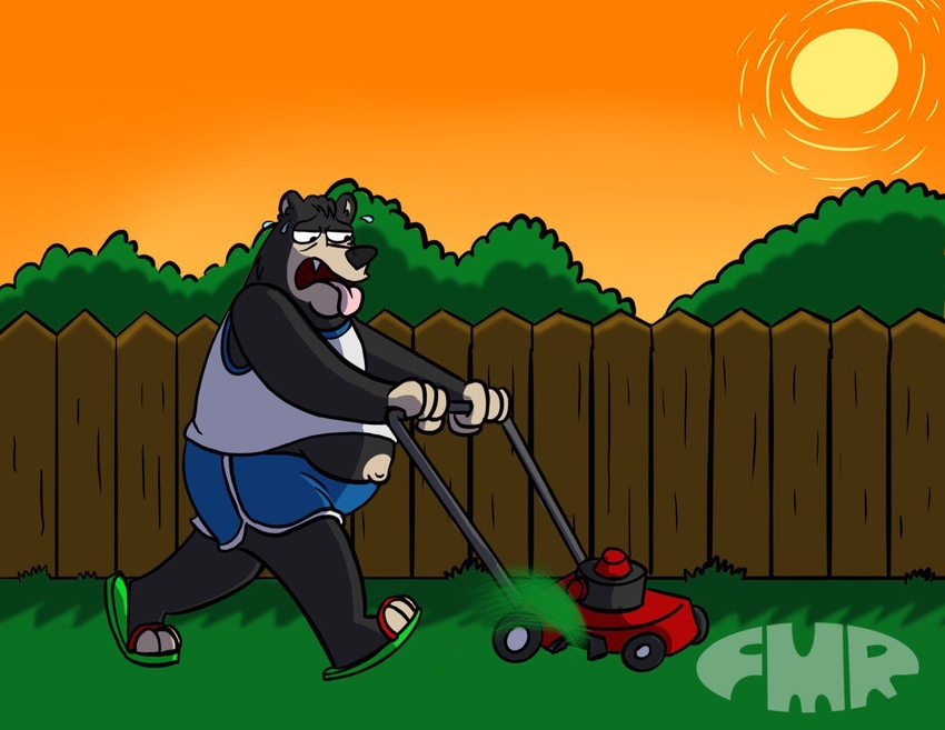 anthro bear black_body black_fur blue_bottomwear blue_clothing blue_seam_shirt blue_seam_tank_top blue_shorts bodily_fluids bottomwear clothing exercise fence footwear foxmanad fur green_clothing green_footwear green_grass green_sandals green_trees heat_(disambiguation) lawn_mower male mammal mowing_lawn navel open_mouth orange_sky overweight overweight_male sandals shirt shorts sky solo sun sweat tan_body tan_fur tank_top teeth_showing tongue tongue_out topwear white_clothing white_seam_shorts white_shirt white_topwear wood wood_fence