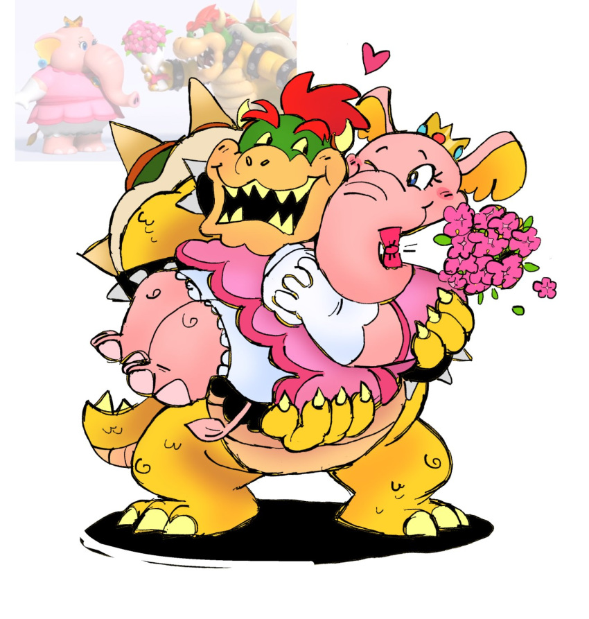 2023 alternate_species anthro bald bowser carrying_another claws clothing duo elephant elephant_peach elephantid female gloves handwear heart_symbol hi_res koopa male male/female mammal mario_bros maxawumba nintendo princess_peach proboscidean scalie super_mario_bros_wonder