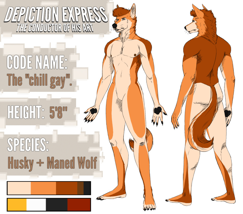 5_fingers 5_toes anthro artist_logo barefoot black_pawpads canid canine canis chart color_swatch concept_art conductor_ramirez_(depictionexpress) cross-hatching depictionexpress domestic_dog duo english_text featureless_crotch feet fingers full-length_portrait fur hair hatching_(art) height_chart hi_res husky jewelry logo male mammal maned_wolf model_sheet multicolored_body multicolored_fur nickname nipples nordic_sled_dog nude pattern_background pawpads paws piercing portrait shaded simple_background slim slim_male species_description spitz text toes wavy_hair