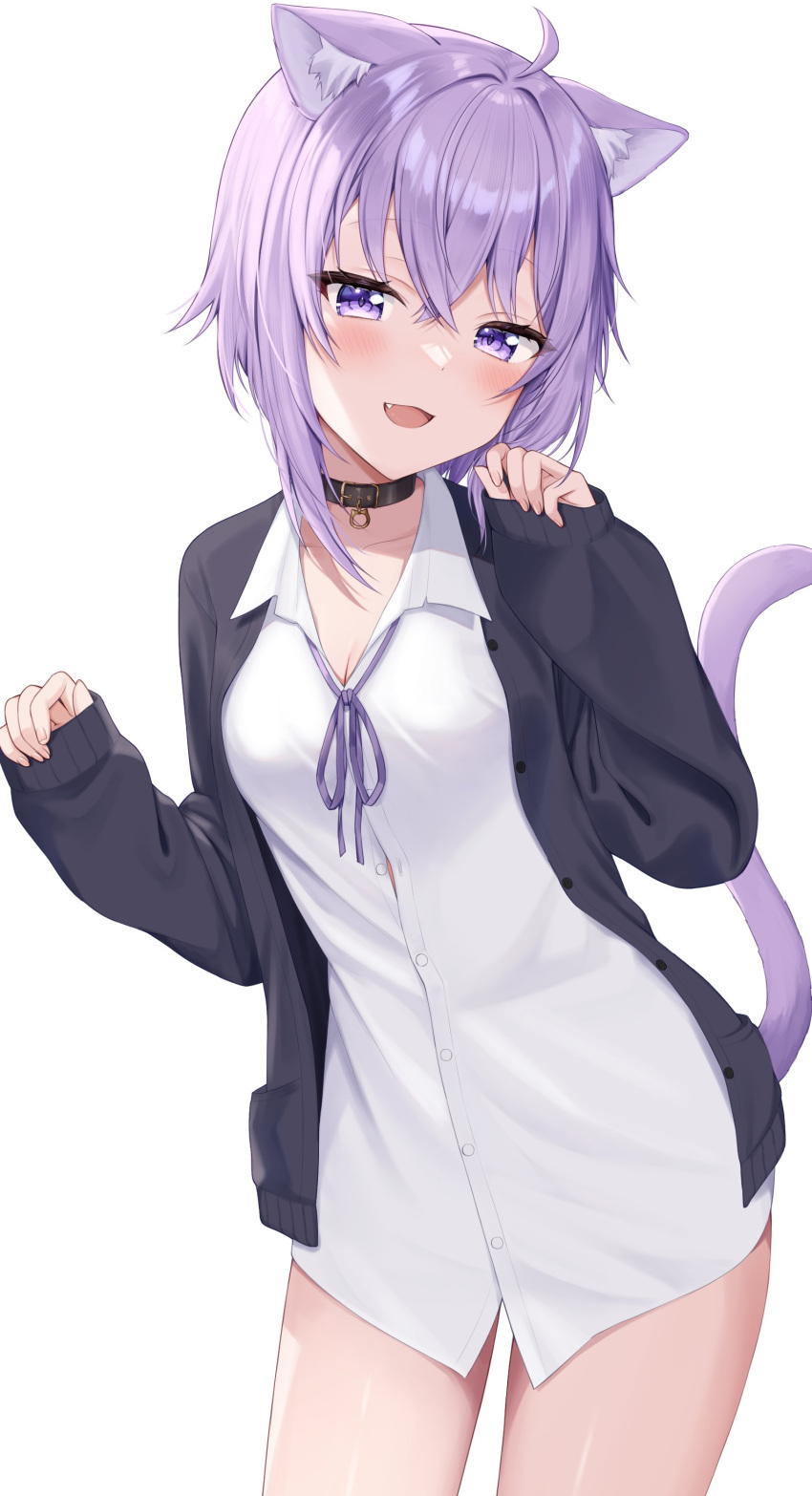 absurdres ahoge animal_ear_fluff animal_ears black_jacket blush breasts cat_ears cat_girl cat_tail collar collared_shirt female hair_between_eyes highres hololive jacket large_breasts long_sleeves looking_at_viewer mochiko_(uyu_omochi) naked_shirt neck_ribbon nekomata_okayu nekomata_okayu_(oversized_shirt) oerba_yun_fang official_alternate_costume open_mouth purple_eyes purple_hair purple_jacket purple_ribbon ribbon shirt smile solo sweater_jacket tail virtual_youtuber white_shirt