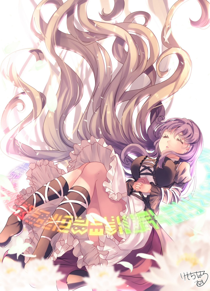 black_footwear blonde_hair boots breasts closed_eyes commentary_request cross-laced_clothes dress female flower gradient_hair highres hijiri_byakuren juliet_sleeves kemo_chiharu knee_boots large_breasts layered_dress long_hair long_sleeves lotus multicolored_hair open_mouth petals puffy_sleeves purple_hair solo sorcerer's_sutra_scroll touhou turtleneck turtleneck_dress two-tone_hair wavy_hair white_dress