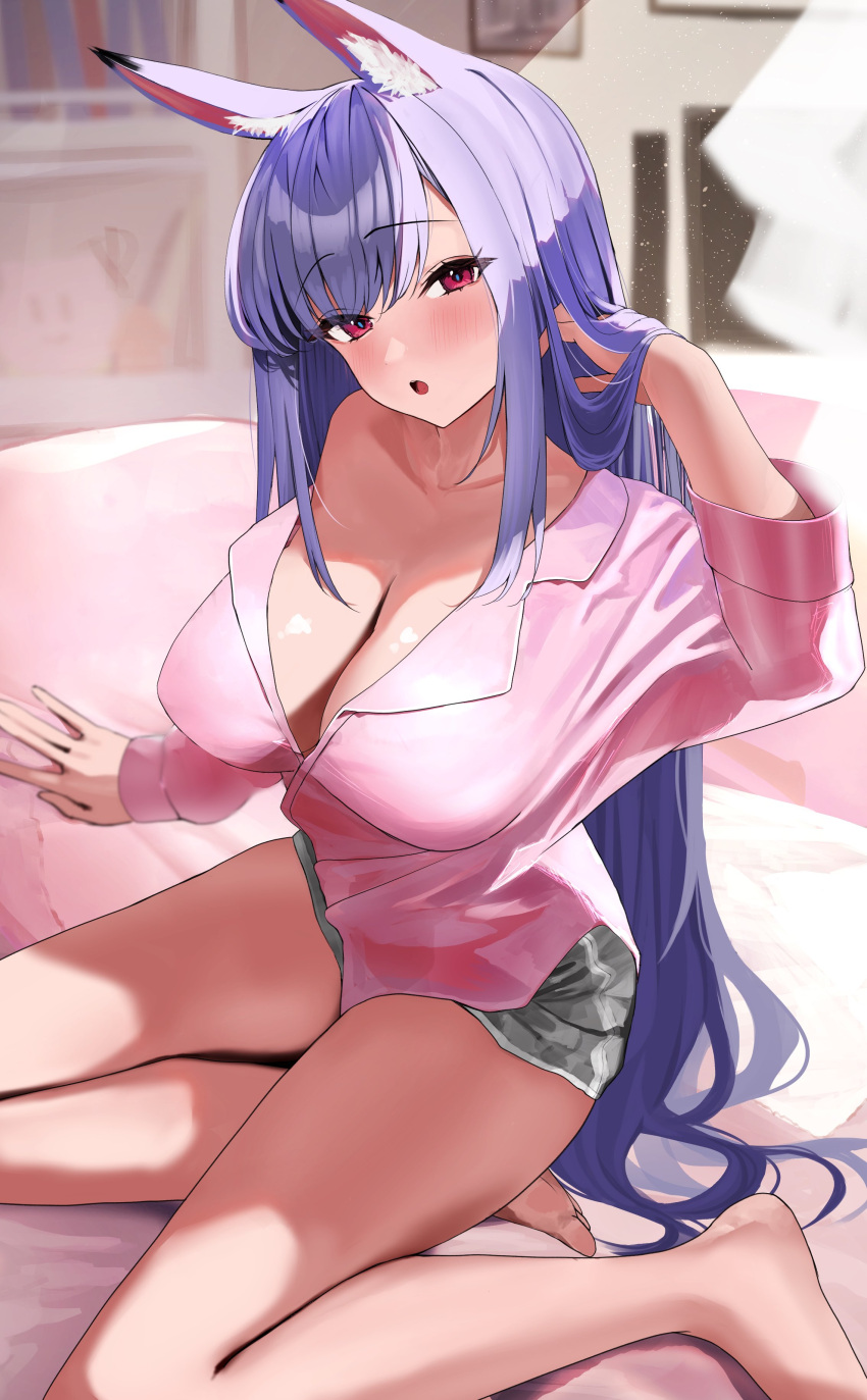 :o absurdres adjusting_hair animal_ear_fluff animal_ears barefoot bed blue_hair blush breasts cleavage collared_shirt female fox_ears grey_shorts hair_lift hand_in_own_hair head_tilt highres indoors large_breasts long_hair long_sleeves looking_at_viewer no_bra off_shoulder oreazu original pink_shirt purple_eyes shirt short_shorts shorts single_bare_shoulder sitting solo thighs very_long_hair