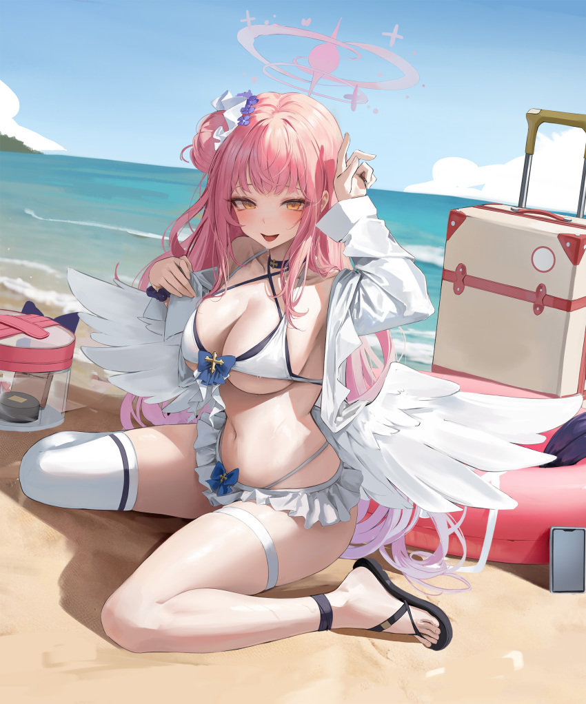 :d absurdres alternate_costume angel_wings arm_up beach bikini bikini_skirt black_choker blue_archive blue_sky breasts choker cleavage commentary criss-cross_halter feet female flip-flops flower full_body hair_bun hair_flower hair_ornament halo halterneck highres large_breasts legs leviathan_(hikinito0902) long_hair long_sleeves looking_at_viewer low_wings mika_(blue_archive) navel ocean open_clothes open_shirt outdoors pink_hair pink_halo sandals shirt single_side_bun single_thighhigh sitting sky smile solo swimsuit thigh_strap thighhighs toes very_long_hair wariza water white_bikini white_shirt white_thighhighs wings yellow_eyes